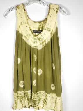 Olive Green Cotton V-Neck Sz M L Long Tank Top Boho Tie-Dye Sequin Embroidery